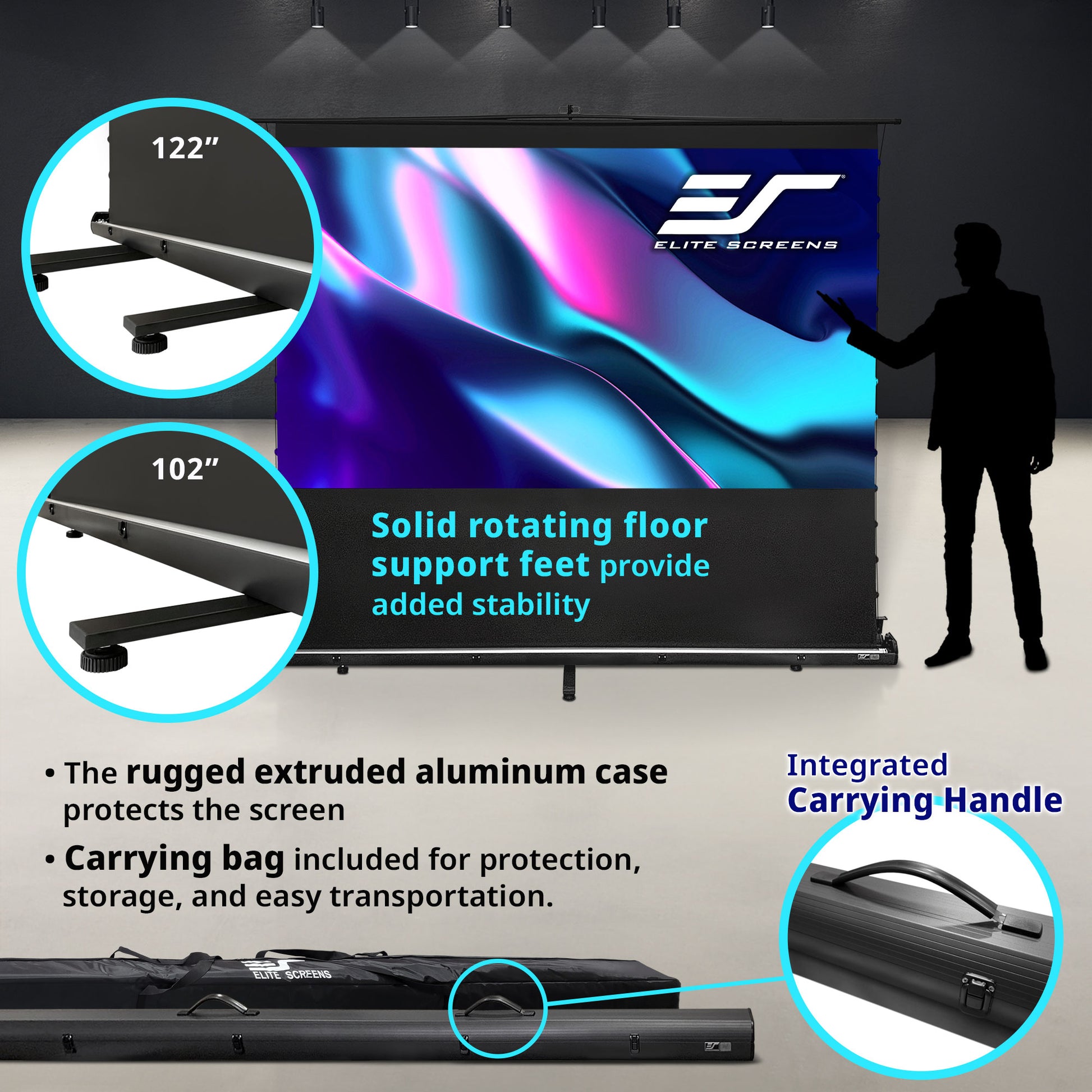 Elite Screens projector screen with features highlighted on a dark background