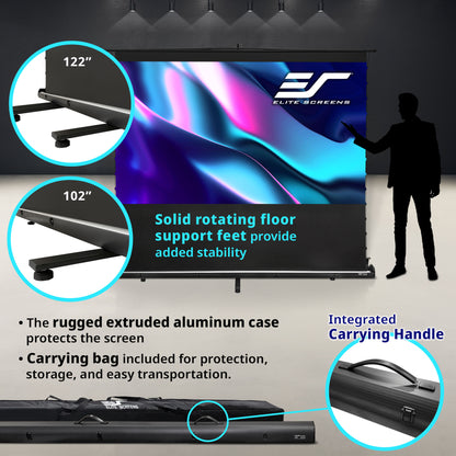 Elite Screens projector screen with features highlighted on a dark background