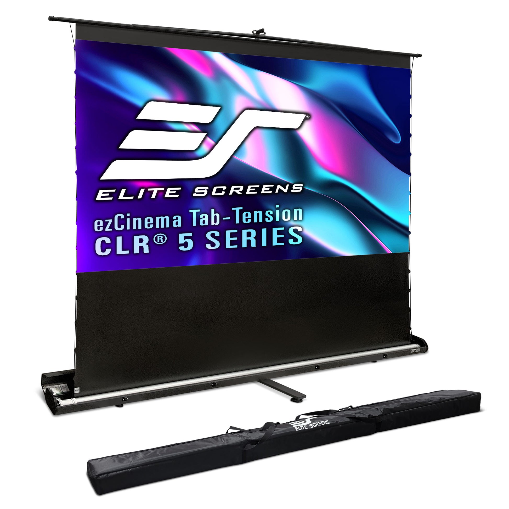Elite Screens 8zCinema Tab-Tension CLR 5 Series projector screen with carrying case on a white background