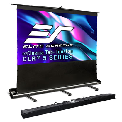 Elite Screens projector screen with carrying case on a white background