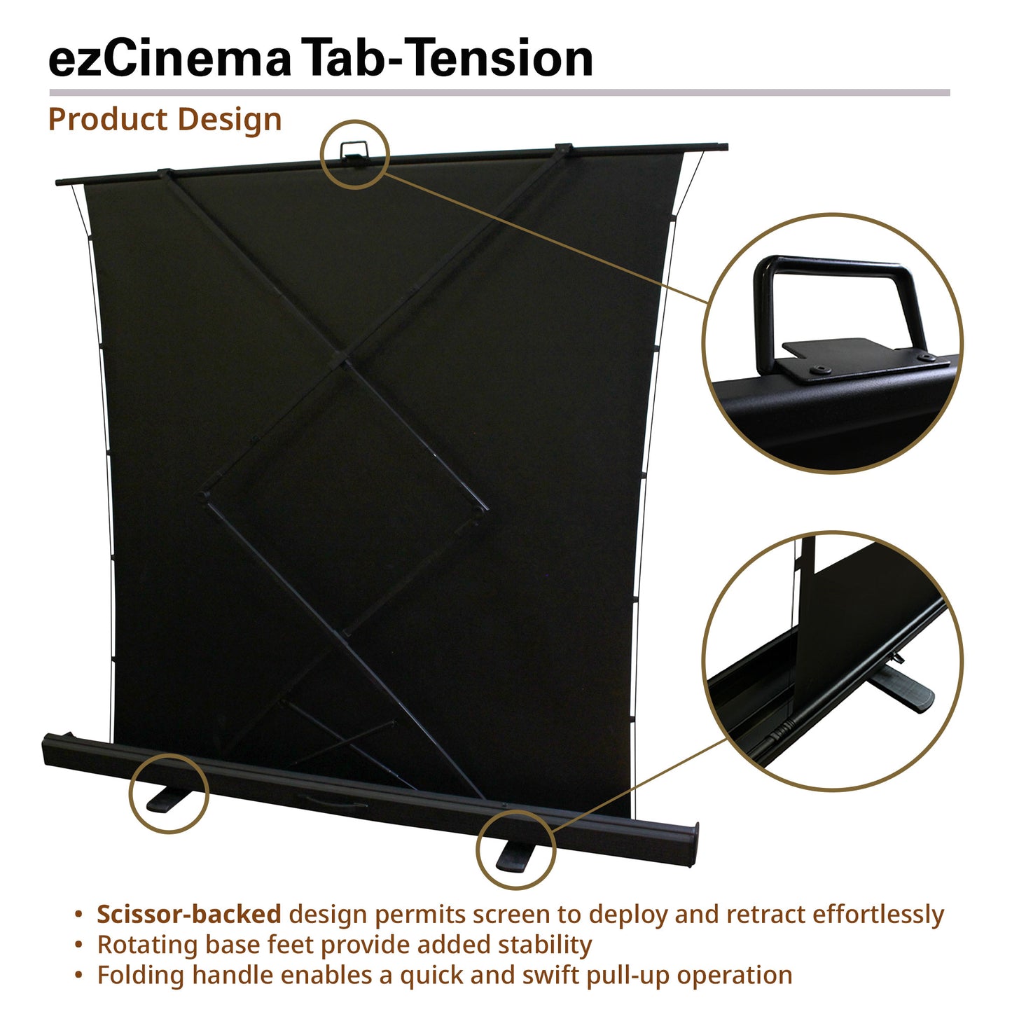 Black ezCinema Tab-Tension product design with features highlighted on a white background