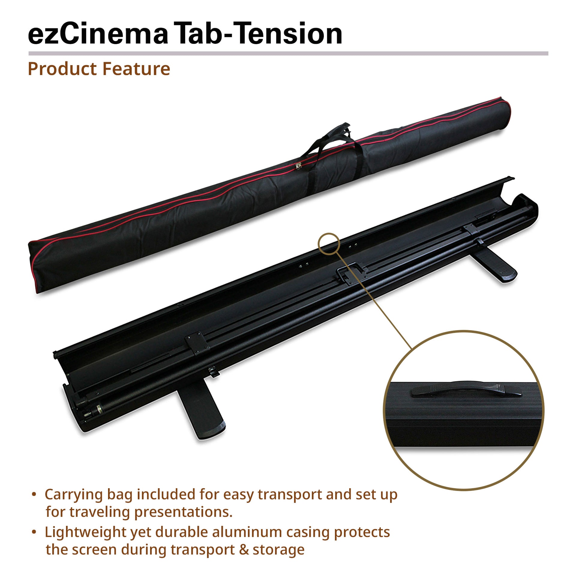 ezCinema Tab-Tension product with carrying bag and detailed view on a white background