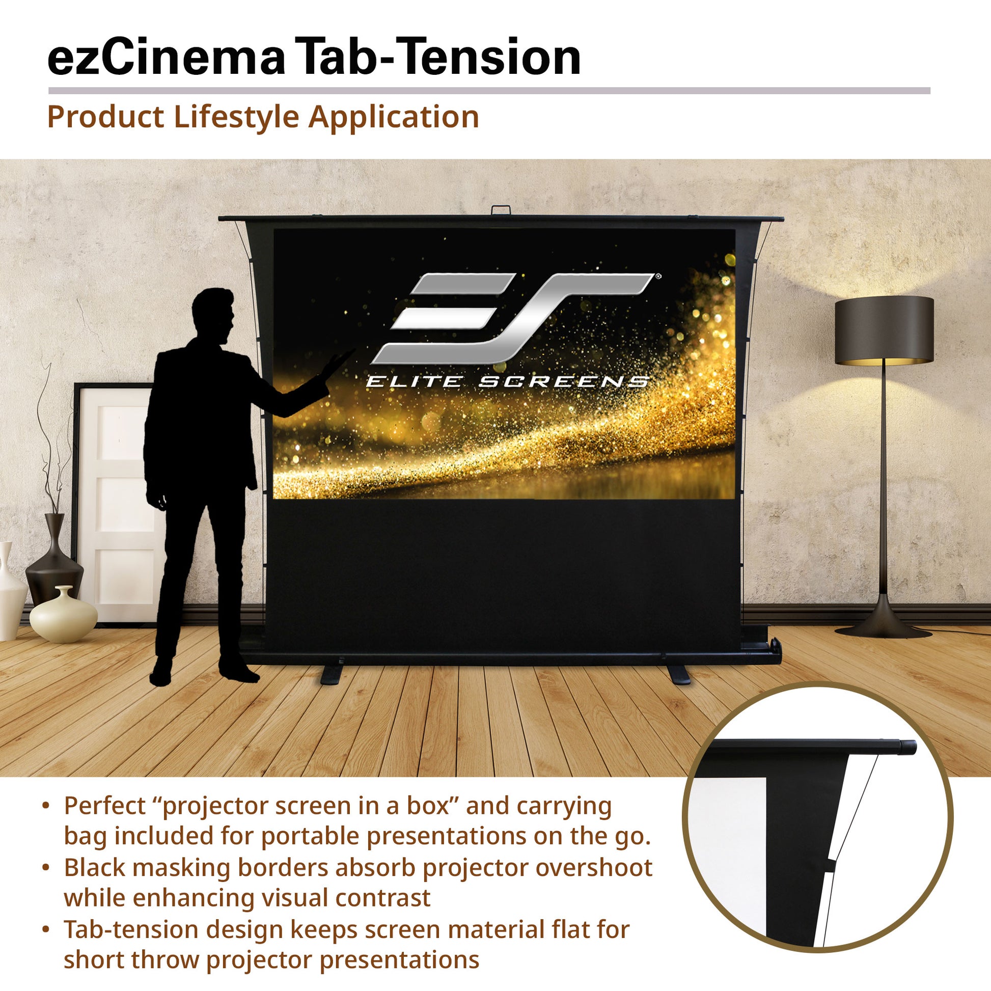 Elite Screens ezCinema Tab-Tension projector screen with a person standing in front, displaying the brand logo.