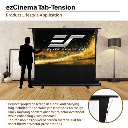 Elite Screens ezCinema Tab-Tension projector screen with a person standing in front, displaying the brand logo.