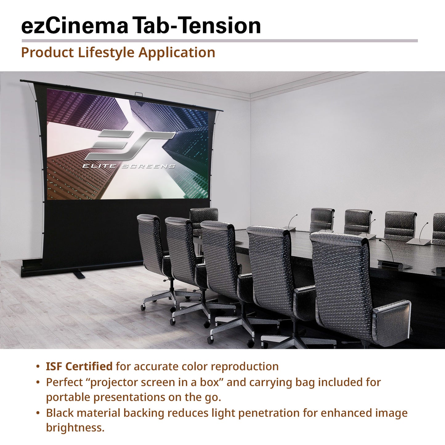 ezCinema Tab-Tension projector screen in a conference room setting with product details.