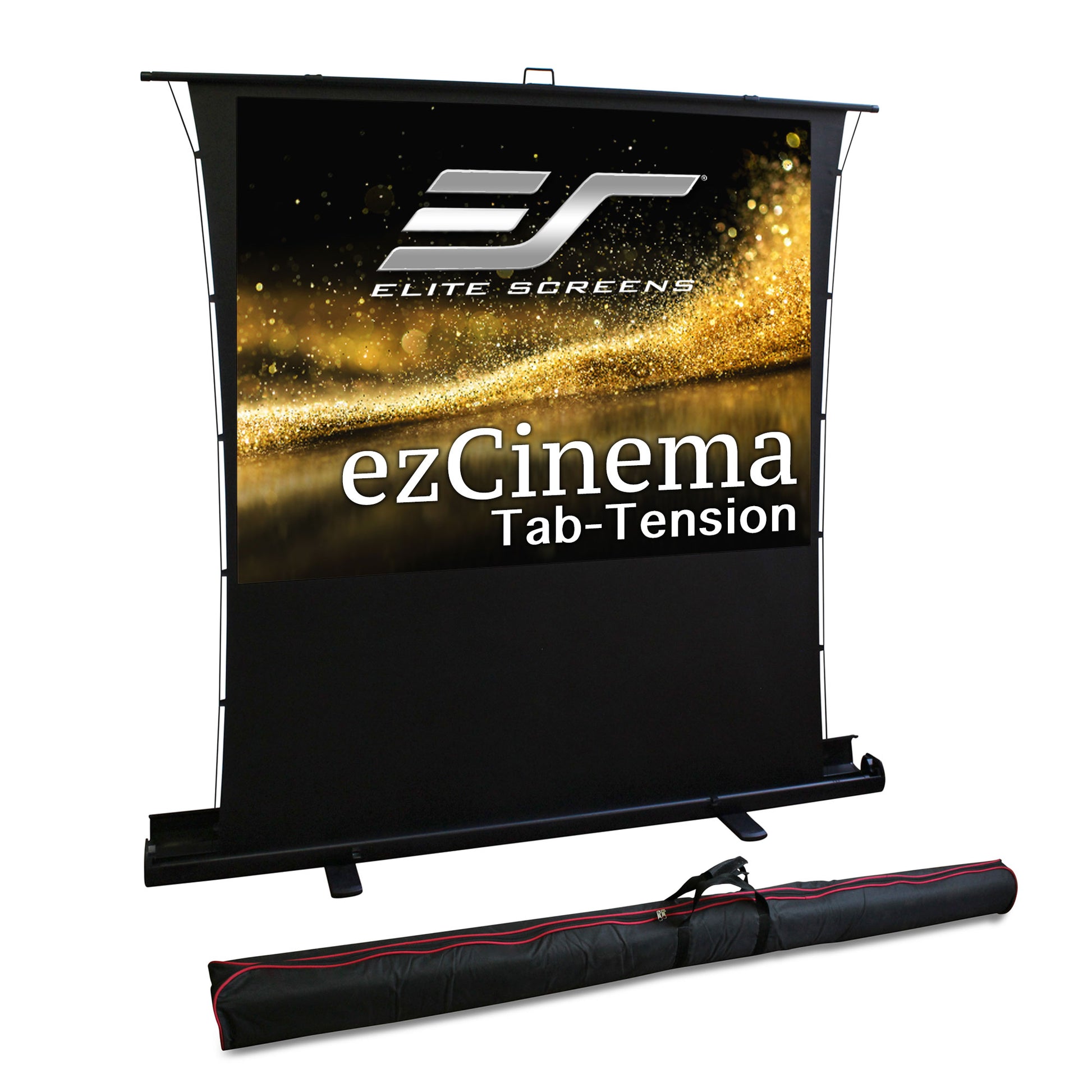 Elite Screens ezCinema Tab-Tension projector screen with carrying case on a white background