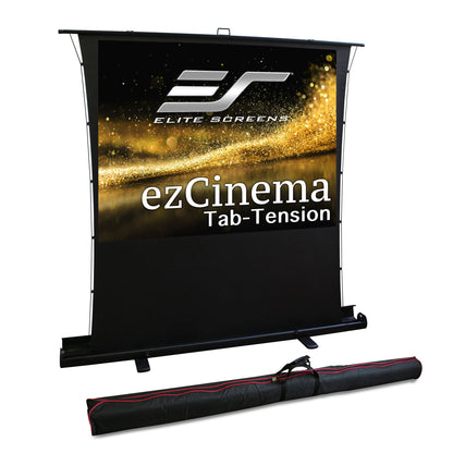 Elite Screens ezCinema Tab-Tension projector screen with carrying case on a white background