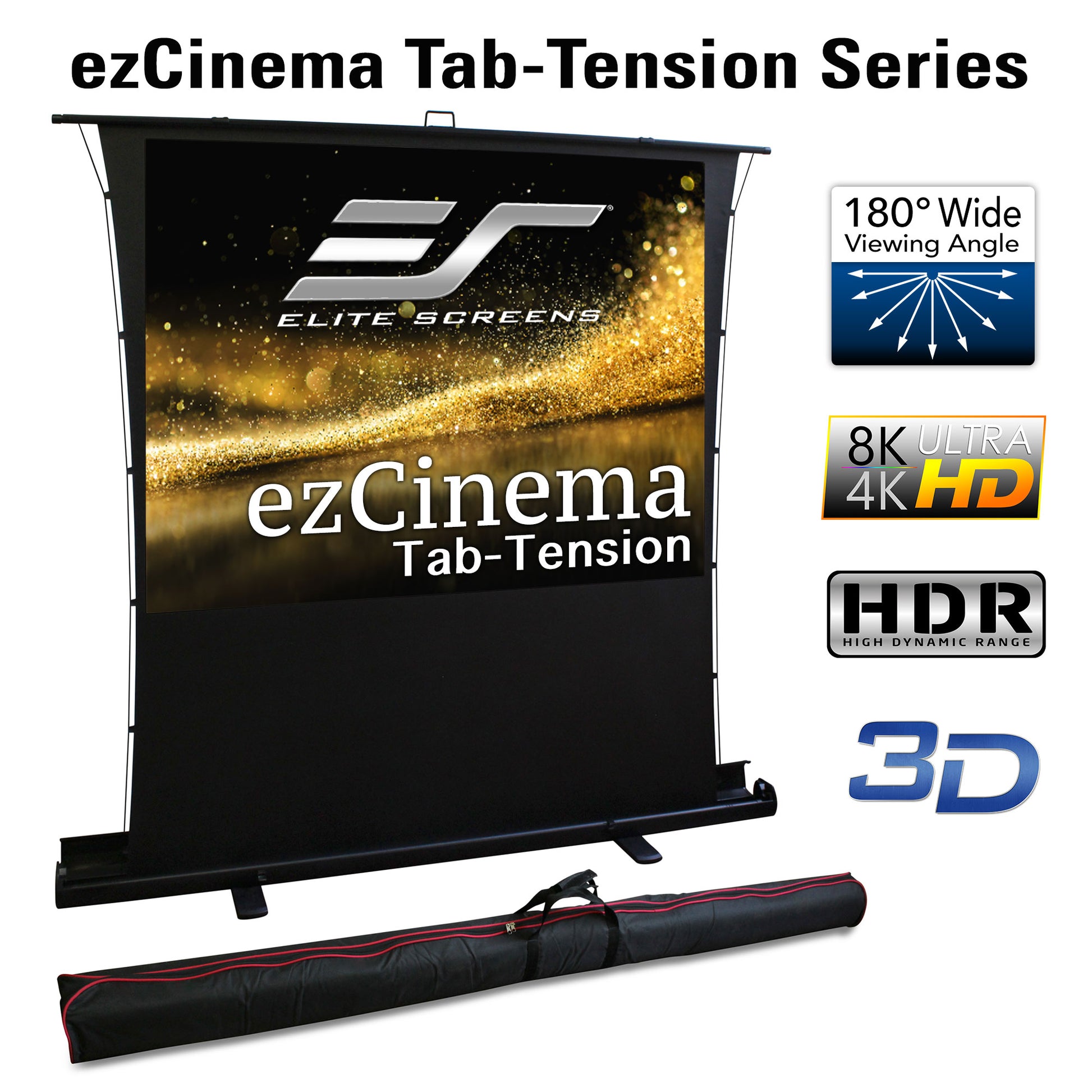 Elite Screens ezCinema Tab-Tension Series projector screen with features highlighted on a white background