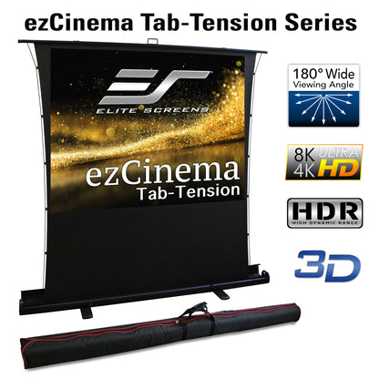 Elite Screens ezCinema Tab-Tension Series projector screen with features highlighted on a white background