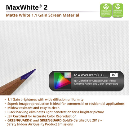 MaxWhite 2 matte white gain screen material with certification logos on a gray background