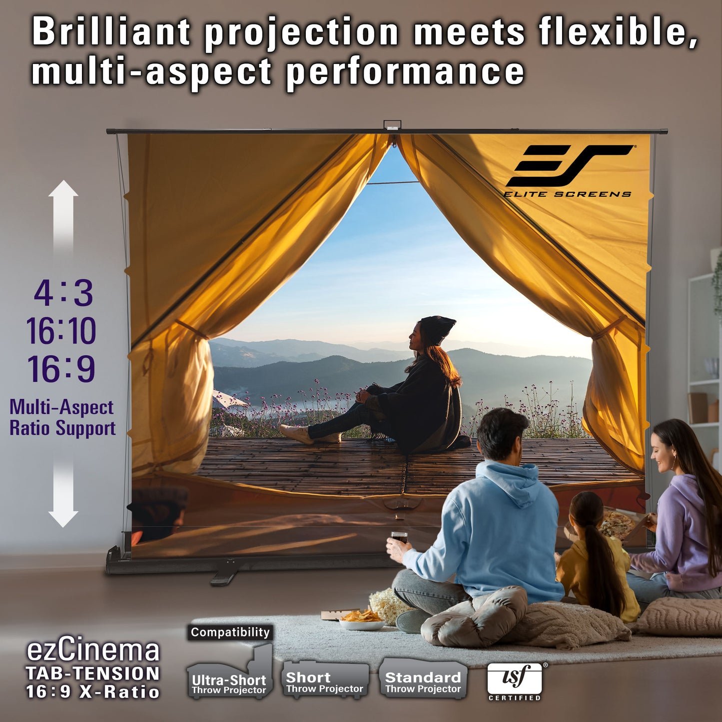 People sitting outdoors with a large yellow projection screen displaying a scenic view, featuring Elite Screens branding.