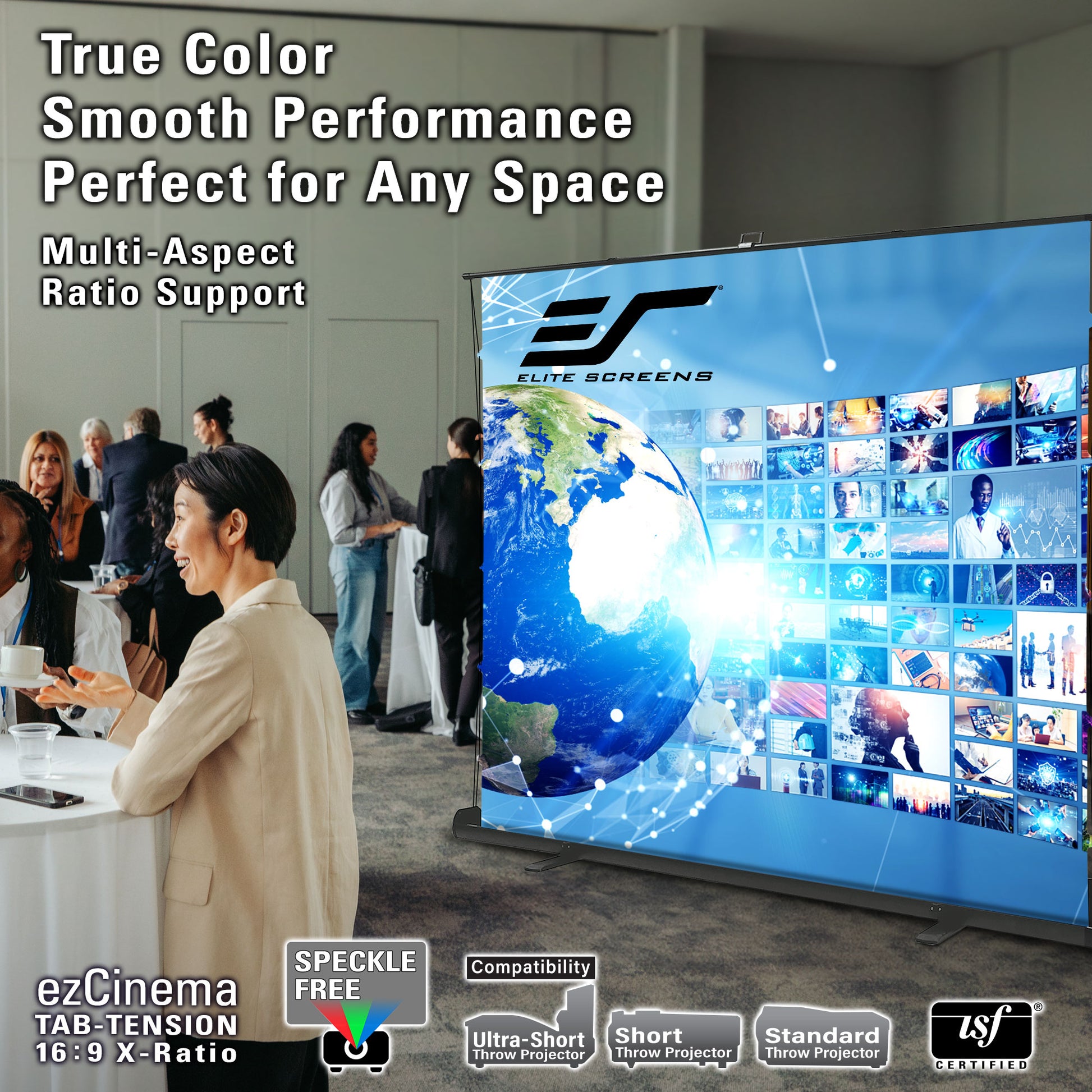 Large screen displaying a globe with people in a room, featuring Elite Screens branding.