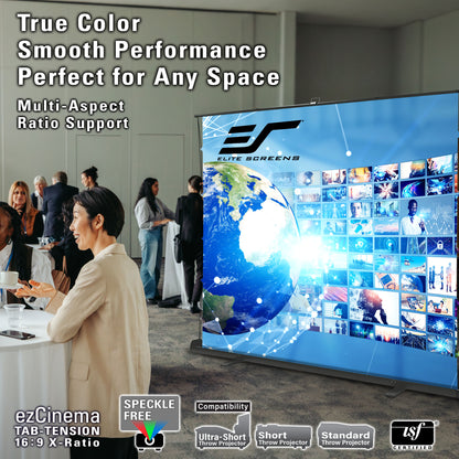 Large screen displaying a globe with people in a room, featuring Elite Screens branding.