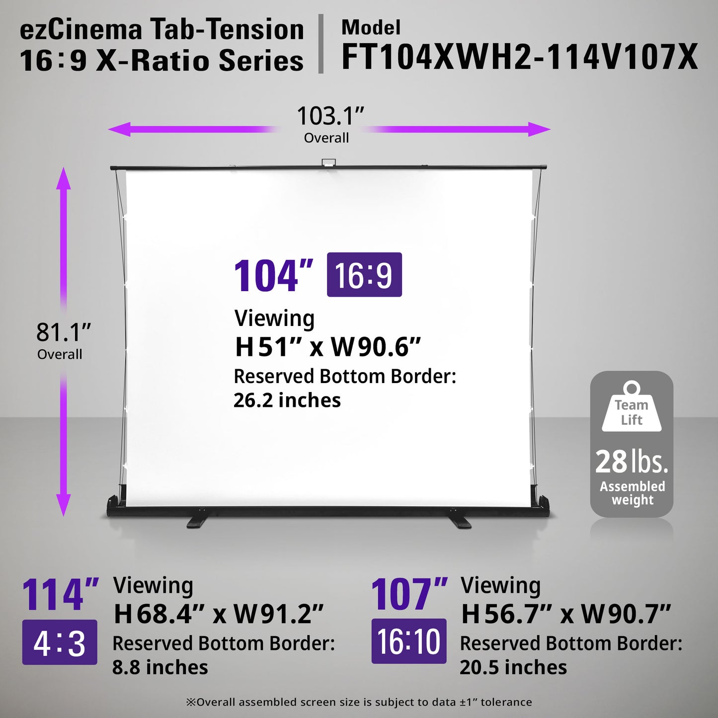 ezCinema Tab-Tension projector screen with dimensions and specifications on a gray background