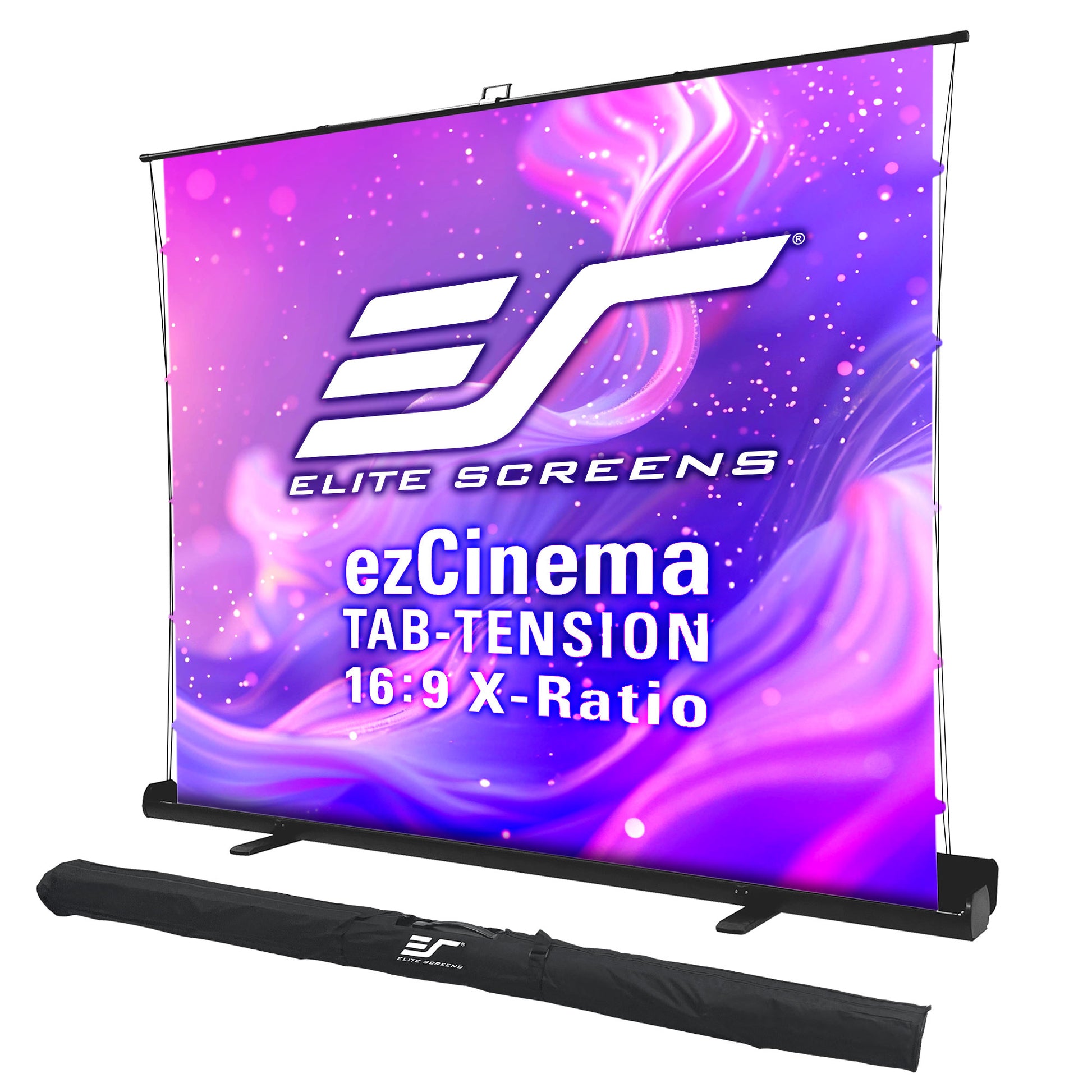 Elite Screens ezCinema TAB-TENSION projector screen with purple and pink gradient design.