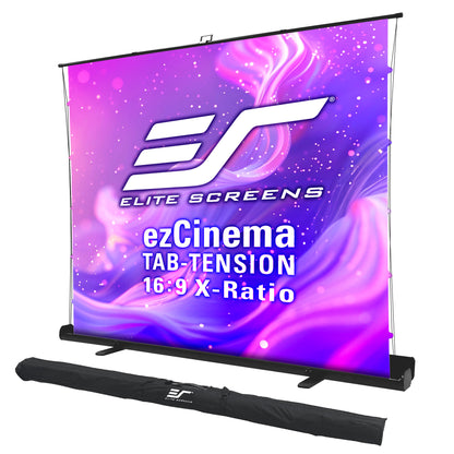 Elite Screens ezCinema TAB-TENSION projector screen with purple and pink gradient design.
