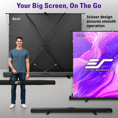 Man holding a portable screen with Elite Screens branding, showing a large screen on a stand.