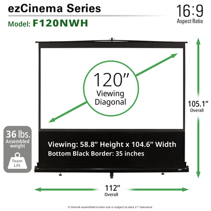 ezCinema Series projector screen with dimensions and specifications on a white background