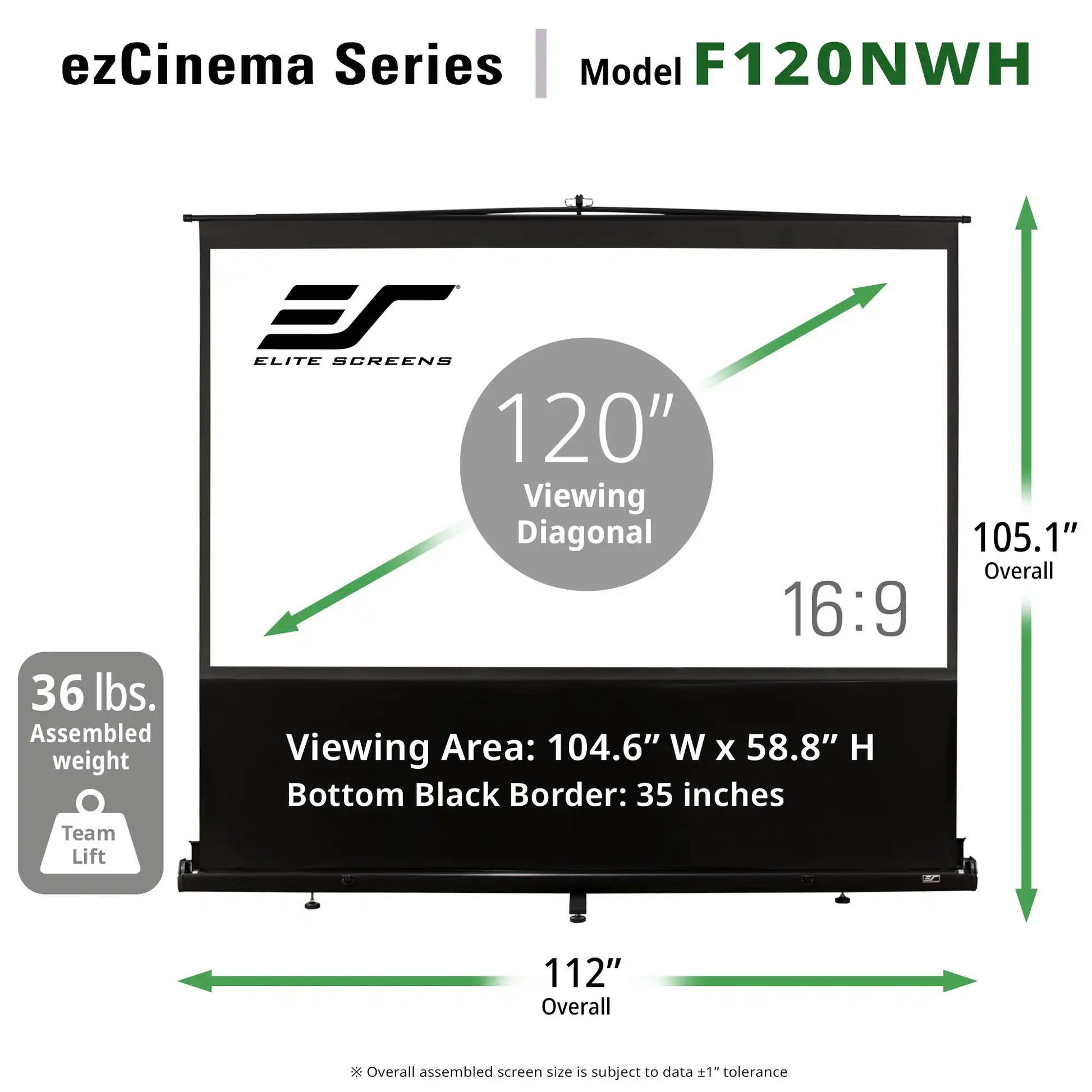 ezCinema Series Model F120NWH Elite Screens projector screen with dimension callouts showing overall width 112 inches, height 105.1 inches, and 120-inch viewing diagonal on a white background.