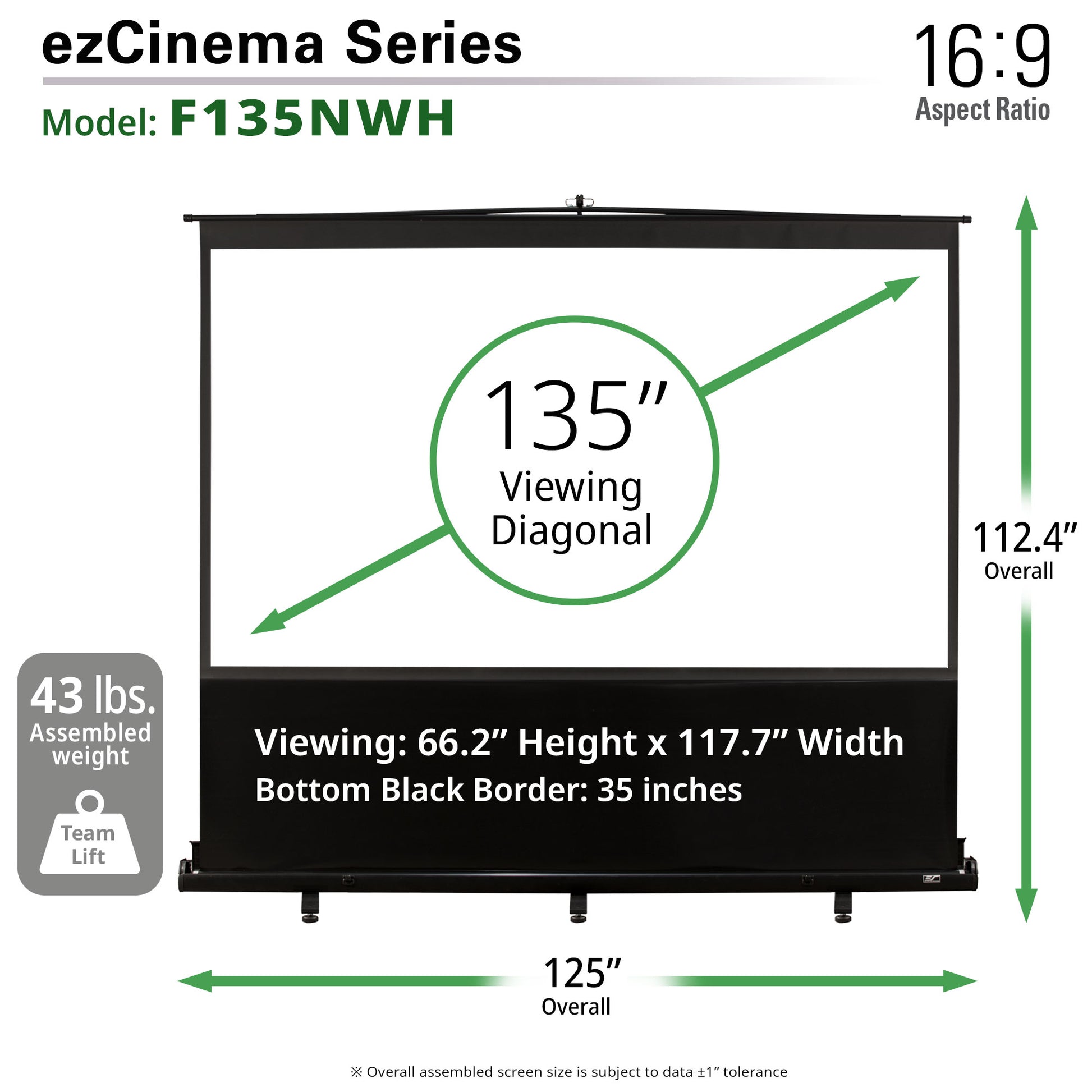 ezCinema Series projector screen with dimensions and specifications on a white background