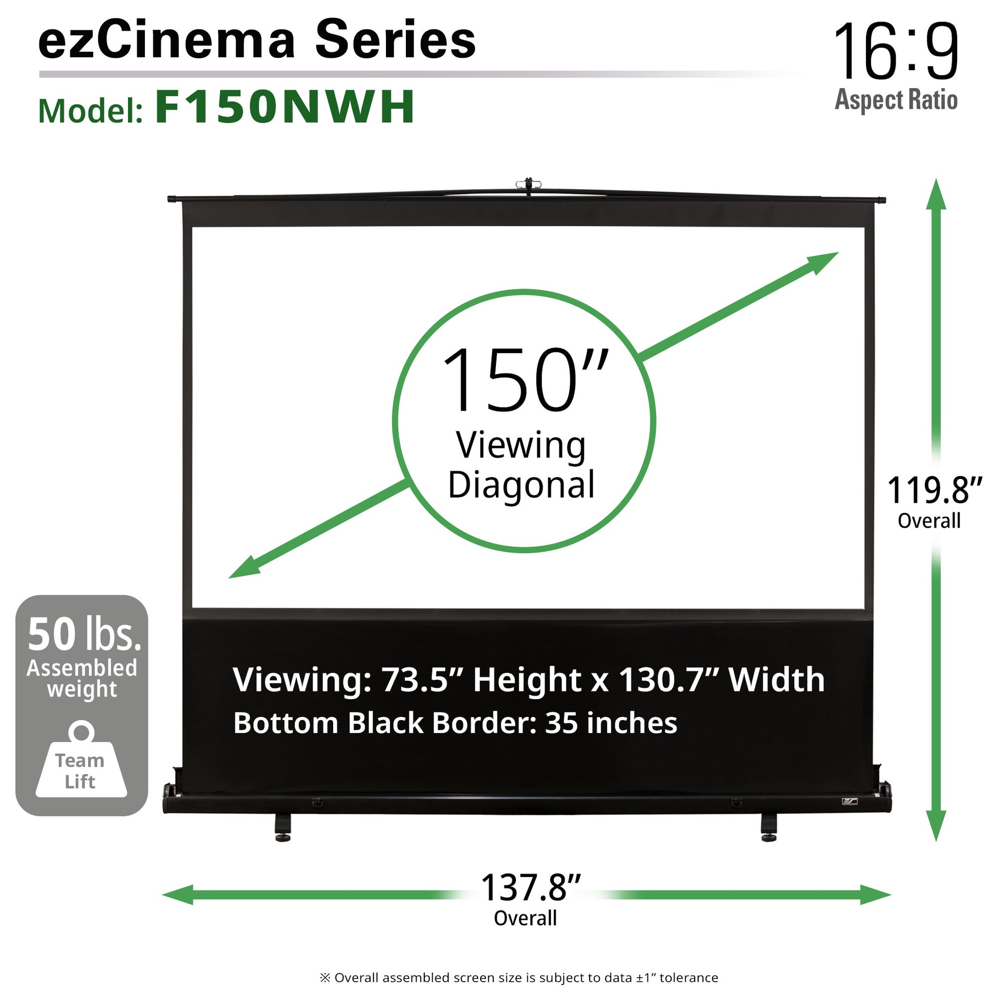 ezCinema Series projector screen with dimensions and specifications on a white background