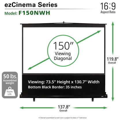 ezCinema Series projector screen with dimensions and specifications on a white background