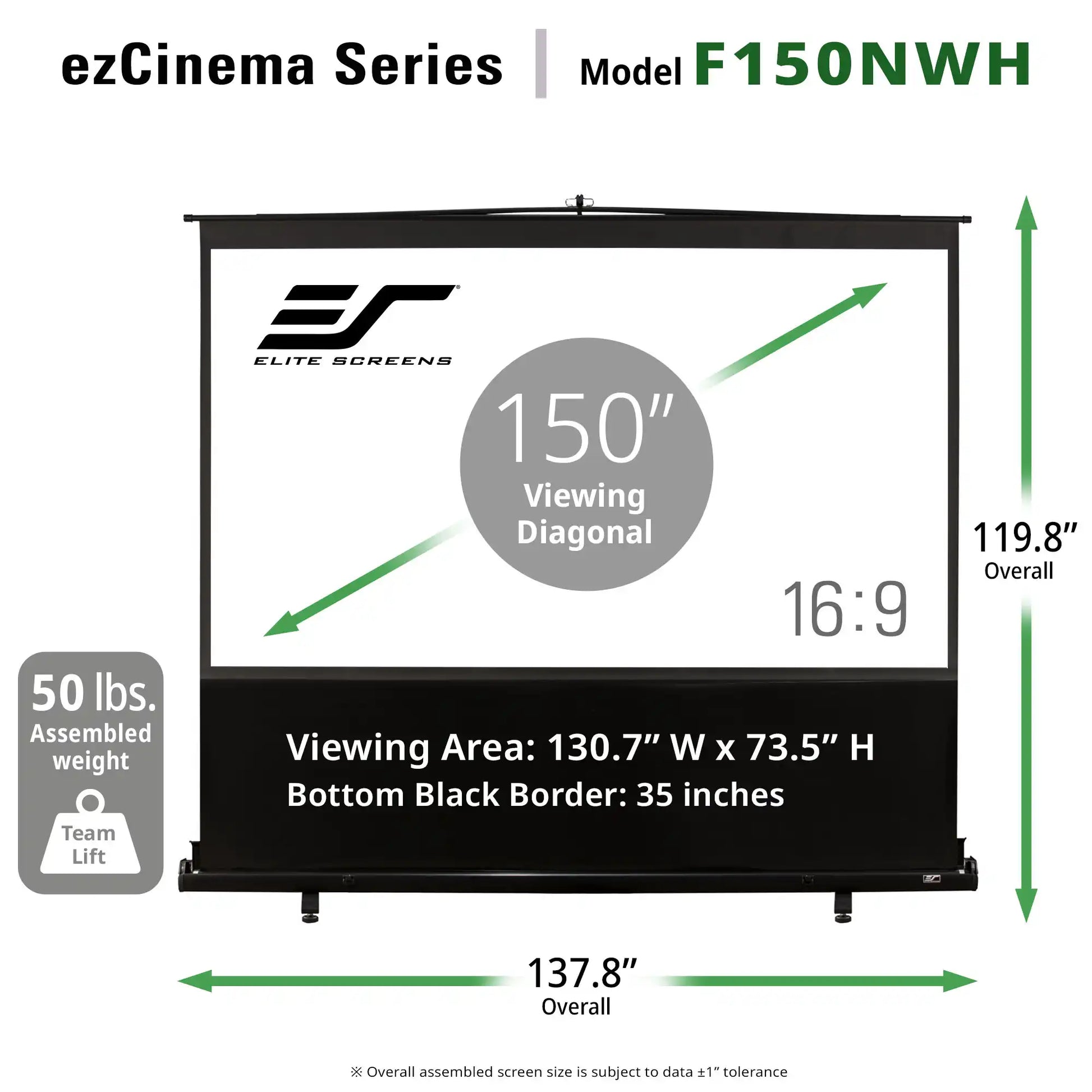  ezCinema Series Model F150NWH projector screen with assembly dimensions, including overall width of 137.8 inches, height of 119.