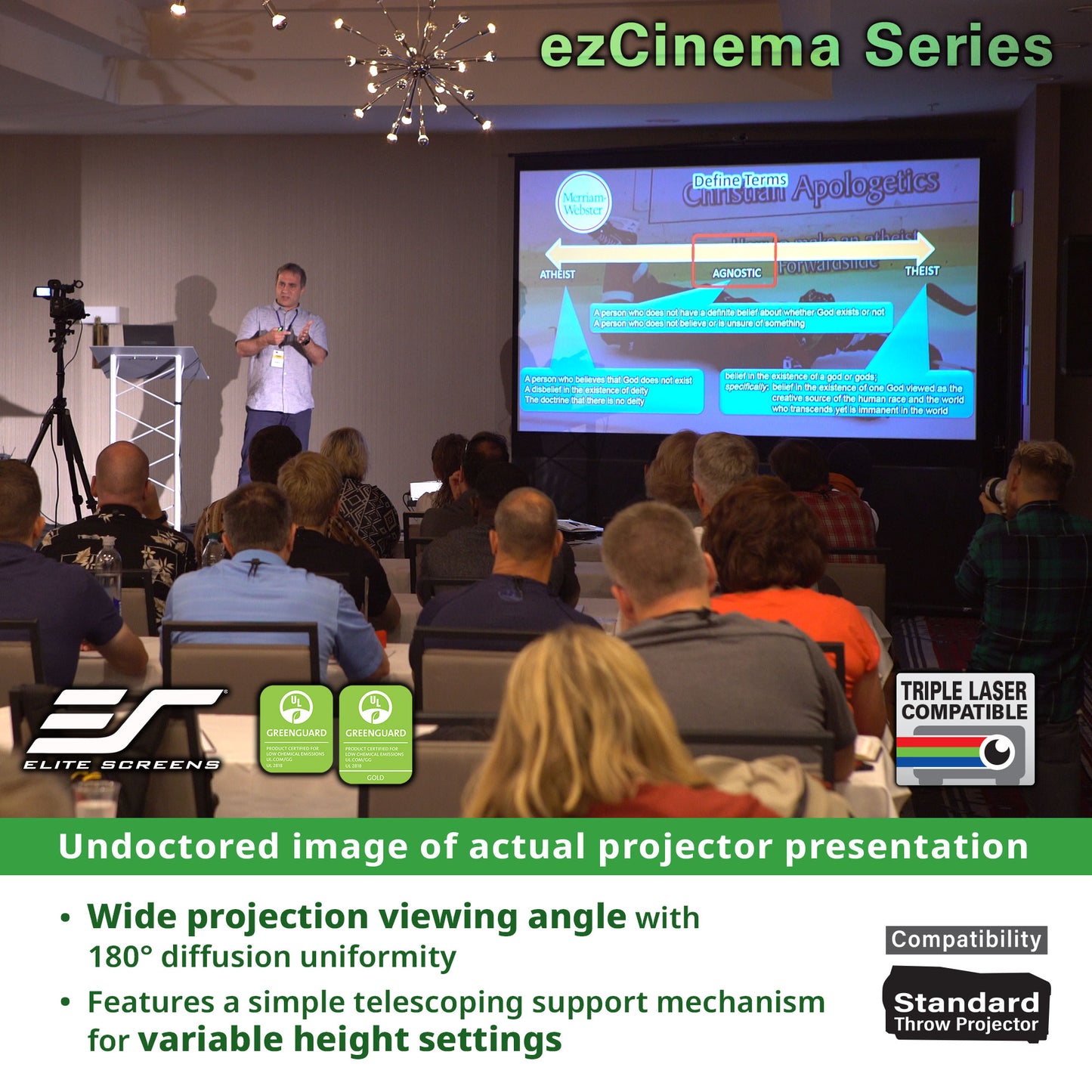 Person giving a presentation in a room with a projector screen displaying content, featuring Elite Screens ezCinema Series equipment.