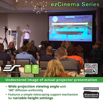 Person giving a presentation in a room with a projector screen displaying content, featuring Elite Screens ezCinema Series equipment.