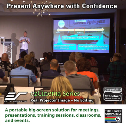 A presentation scene in a conference room showing a speaker standing in front of a large projected screen with a diagram, while an audience sits in chairs. Promotional text overlays mention ezCinema Series and projector compatibility.