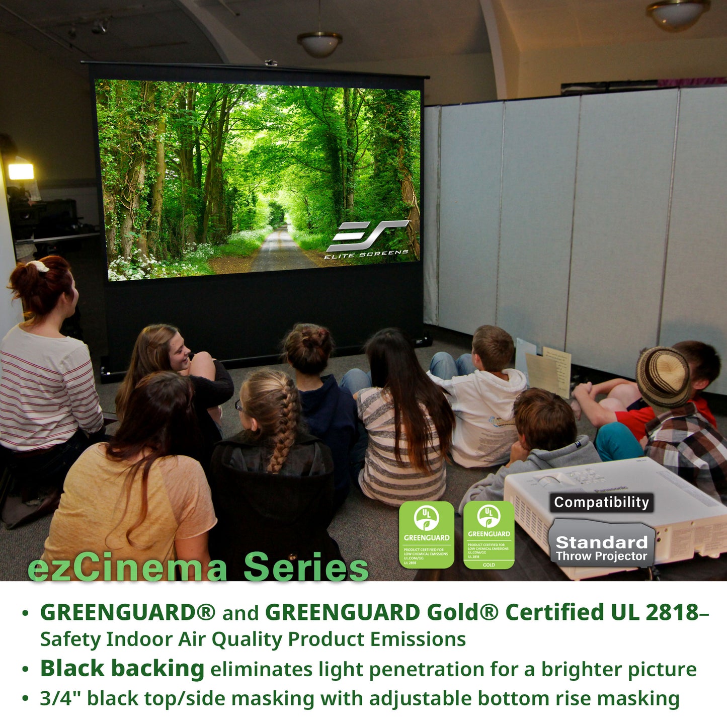 Group of people watching a presentation on a screen with 'ezCinema Series' branding.