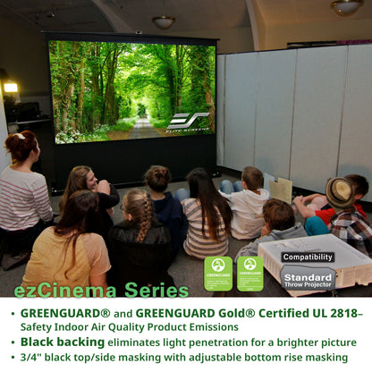 Group of people watching a presentation on a screen with 'ezCinema Series' branding.