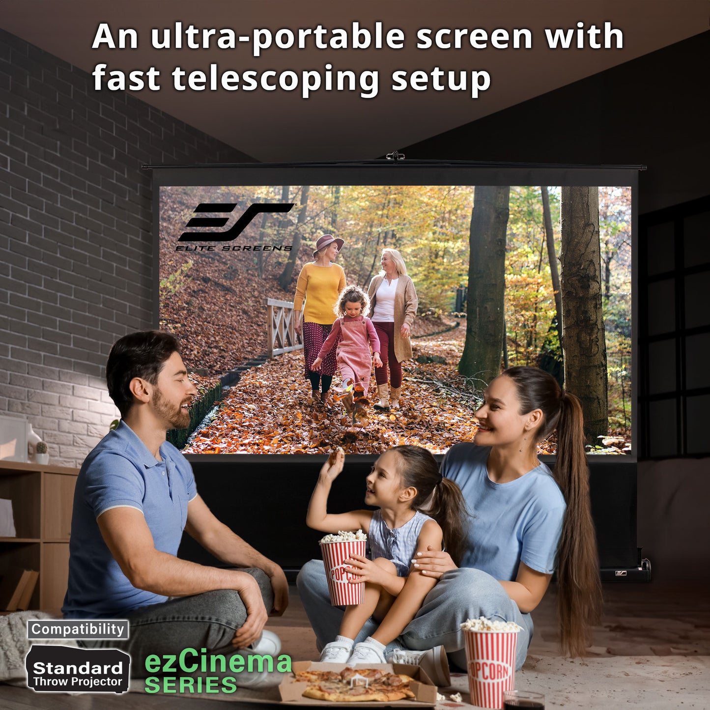 Family watching a movie on an ultra-portable screen with fast telescoping setup, featuring Elite Screens logo.