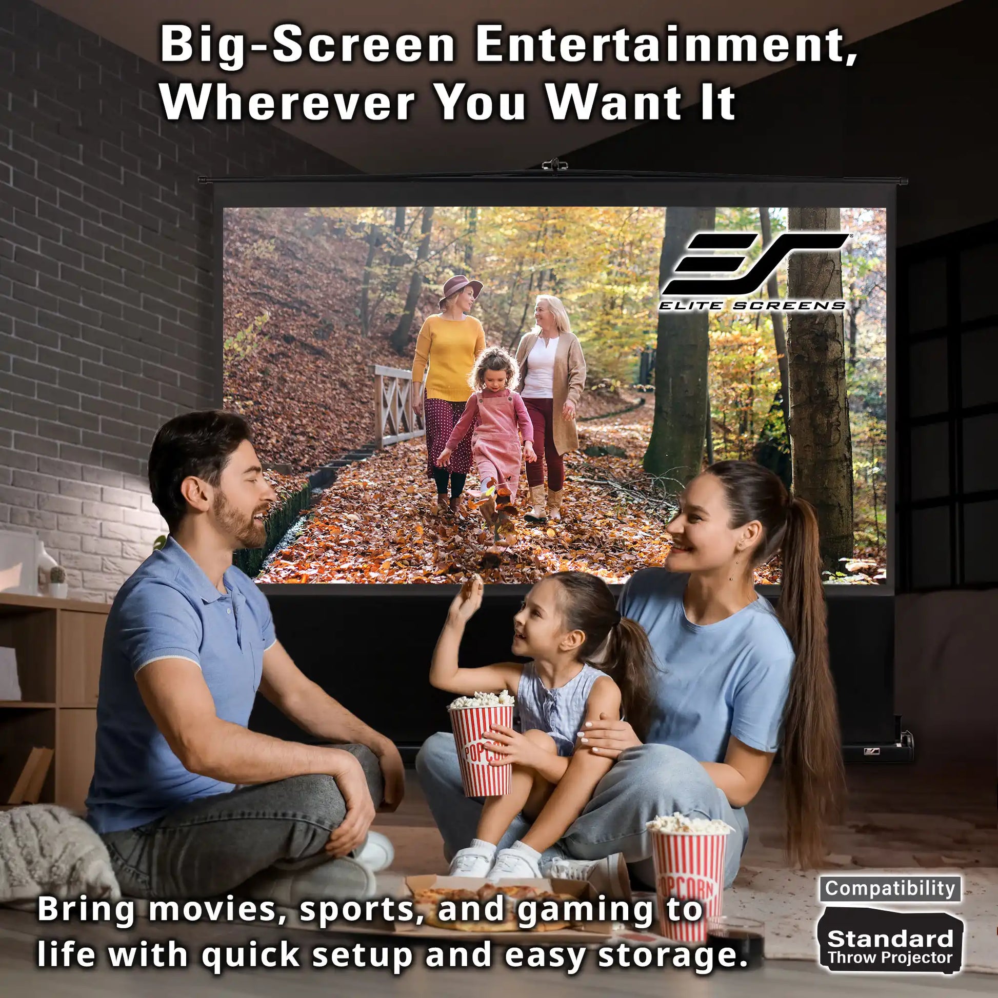 A large projection screen displays a family walking in an autumn forest, shown in a home theater setting with a man, woman, and child sitting in front of it. The screen has the EAT ScreenGears logo, and the image includes marketing text about big-screen entertainment and a compatibility badge.