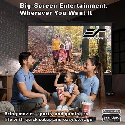 A large projection screen displays a family walking in an autumn forest, shown in a home theater setting with a man, woman, and child sitting in front of it. The screen has the EAT ScreenGears logo, and the image includes marketing text about big-screen entertainment and a compatibility badge.