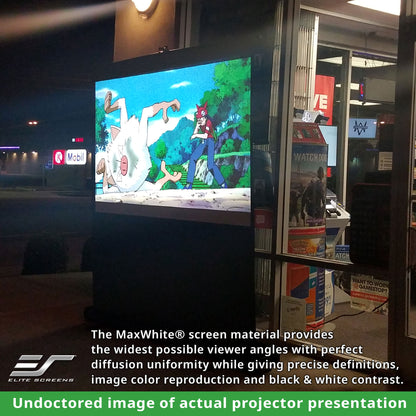Projector screen displaying an animated scene with a MaxWhite screen material advertisement.