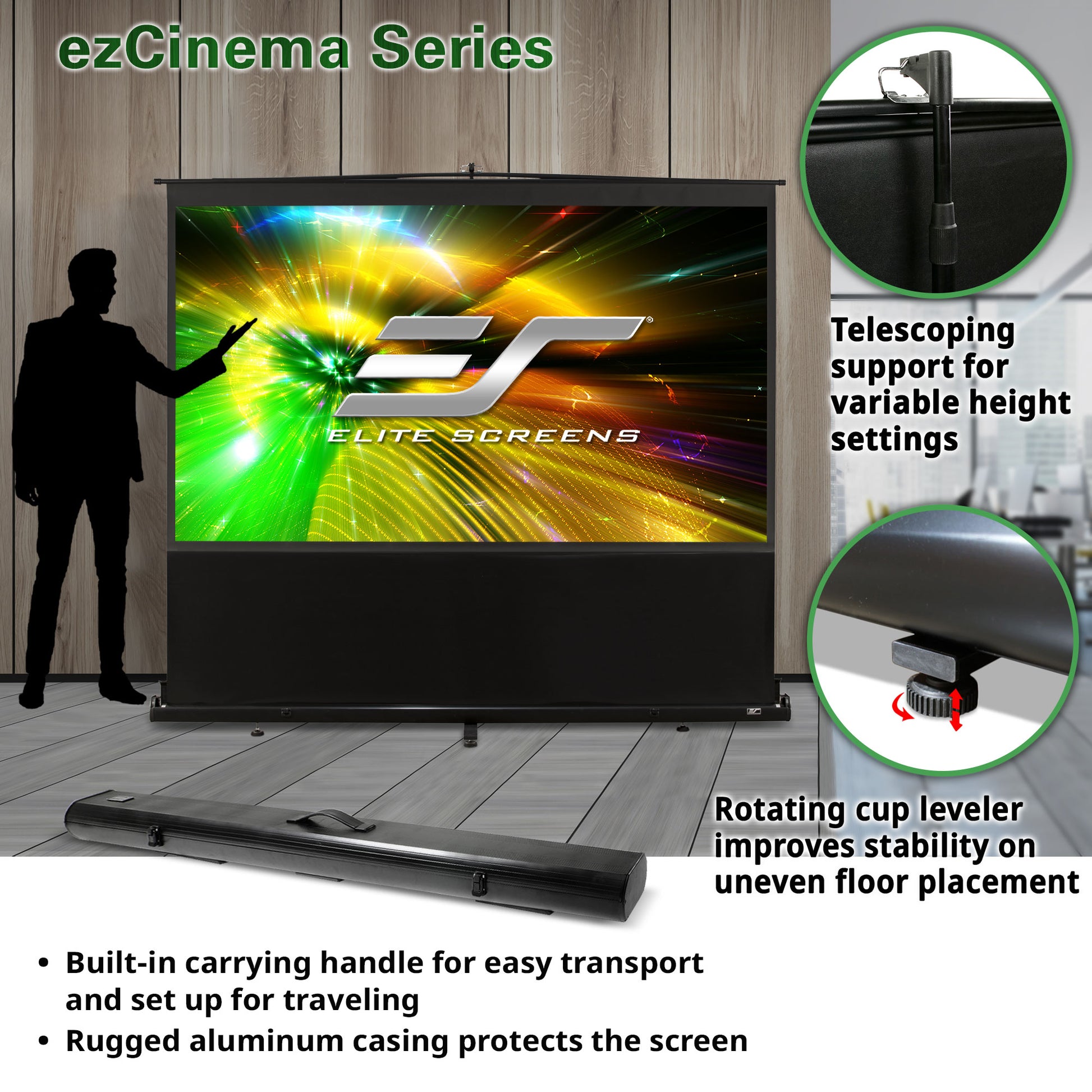 Elite Screens ezCinema Series projector screen with features highlighted