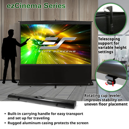 Elite Screens ezCinema Series projector screen with features highlighted
