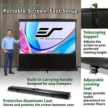 Promotional graphic for the Elite Screens ezCinema Series portable screen, showing a man standing beside a large black projection screen in a studio setup, with callout text highlighting features such as telescoping support, built-in carrying handle, adjustable leveling feet, and protective aluminum case.