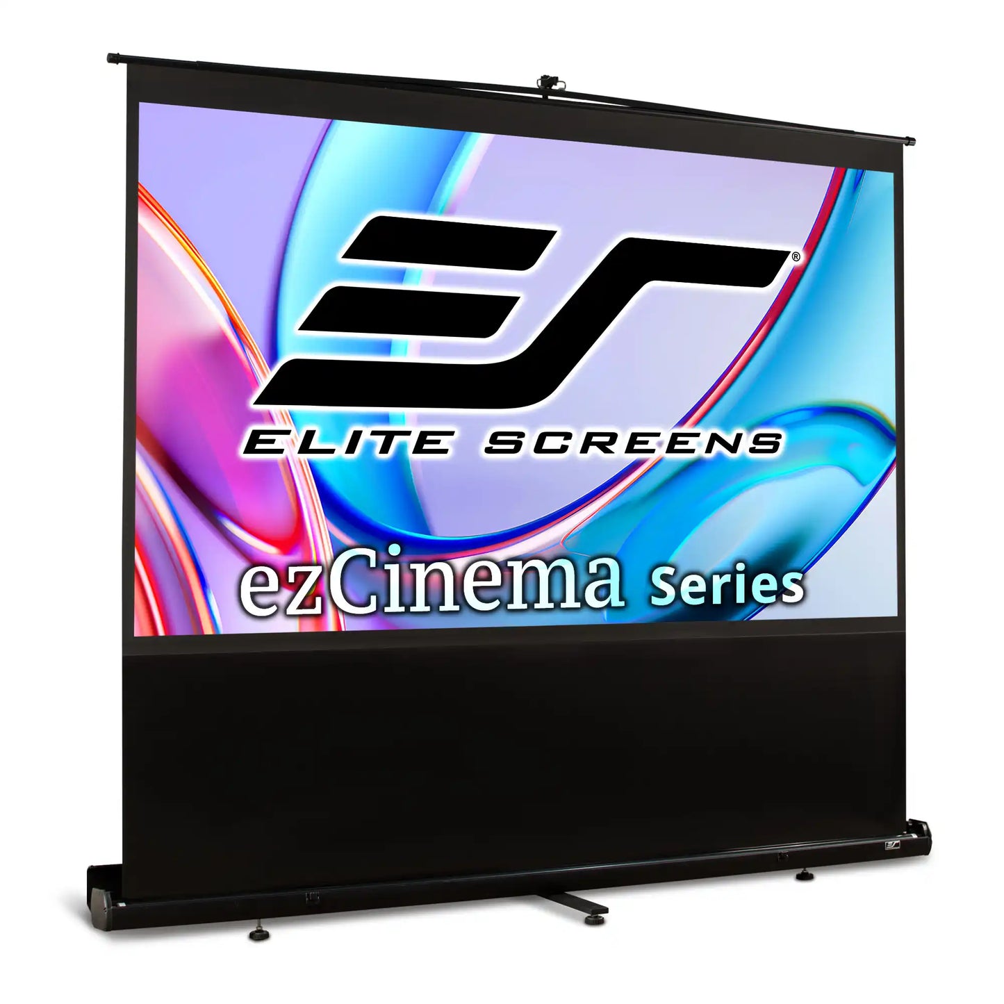 Elite Screens ezCinema Series portable projection screen with a black frame and stand, shown on a white background with its screen active displaying the Elite Screens logo.