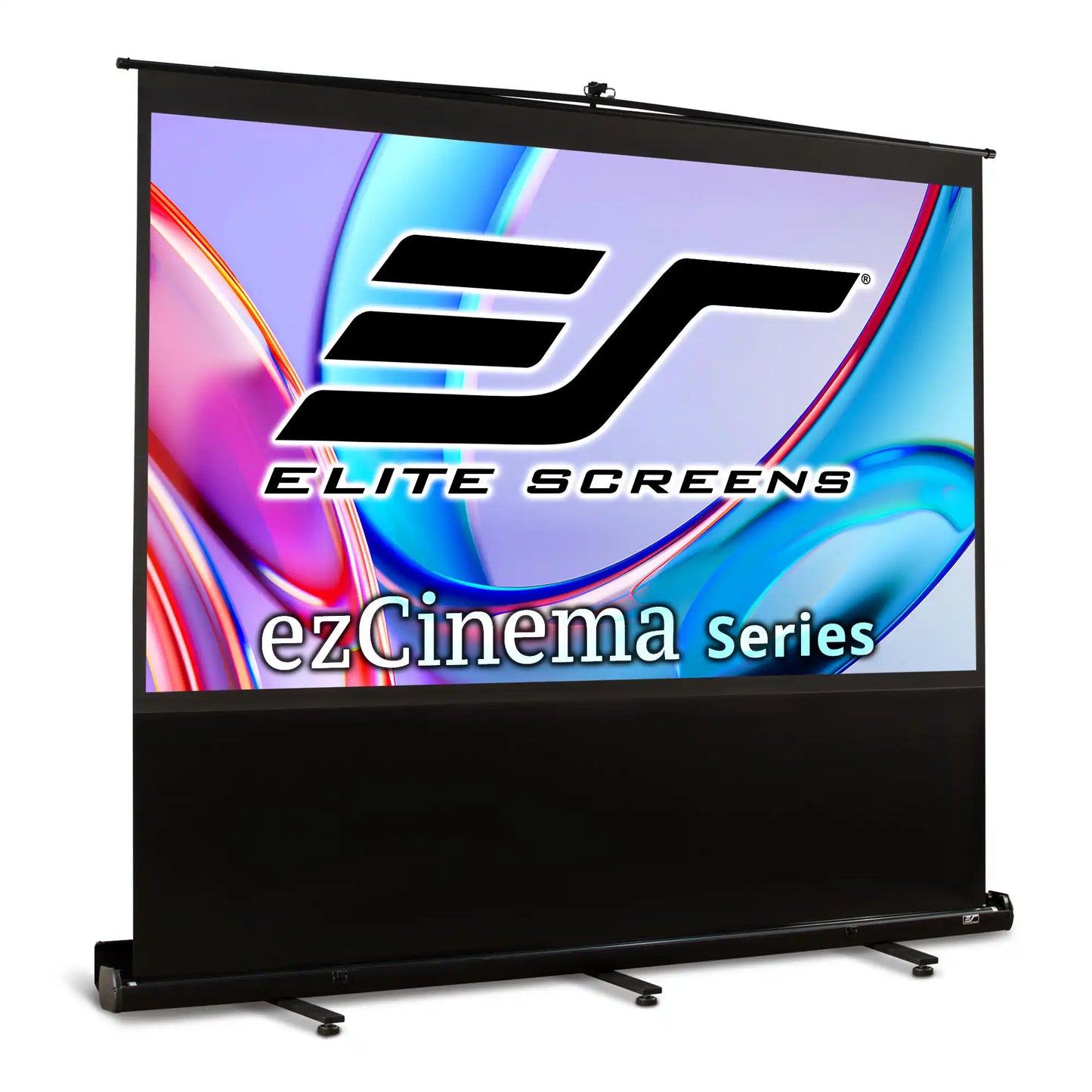 A black Elite Screens ezCinema Series projector screen with a black frame and stand, shown on a white background. The screen displays a colorful graphic with the Elite Screens logo.