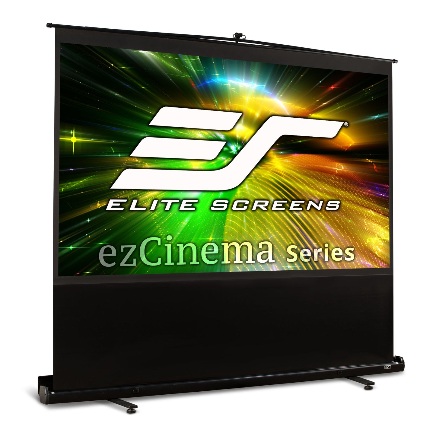 Elite Screens ezCinema Series projector screen with colorful logo on a white background