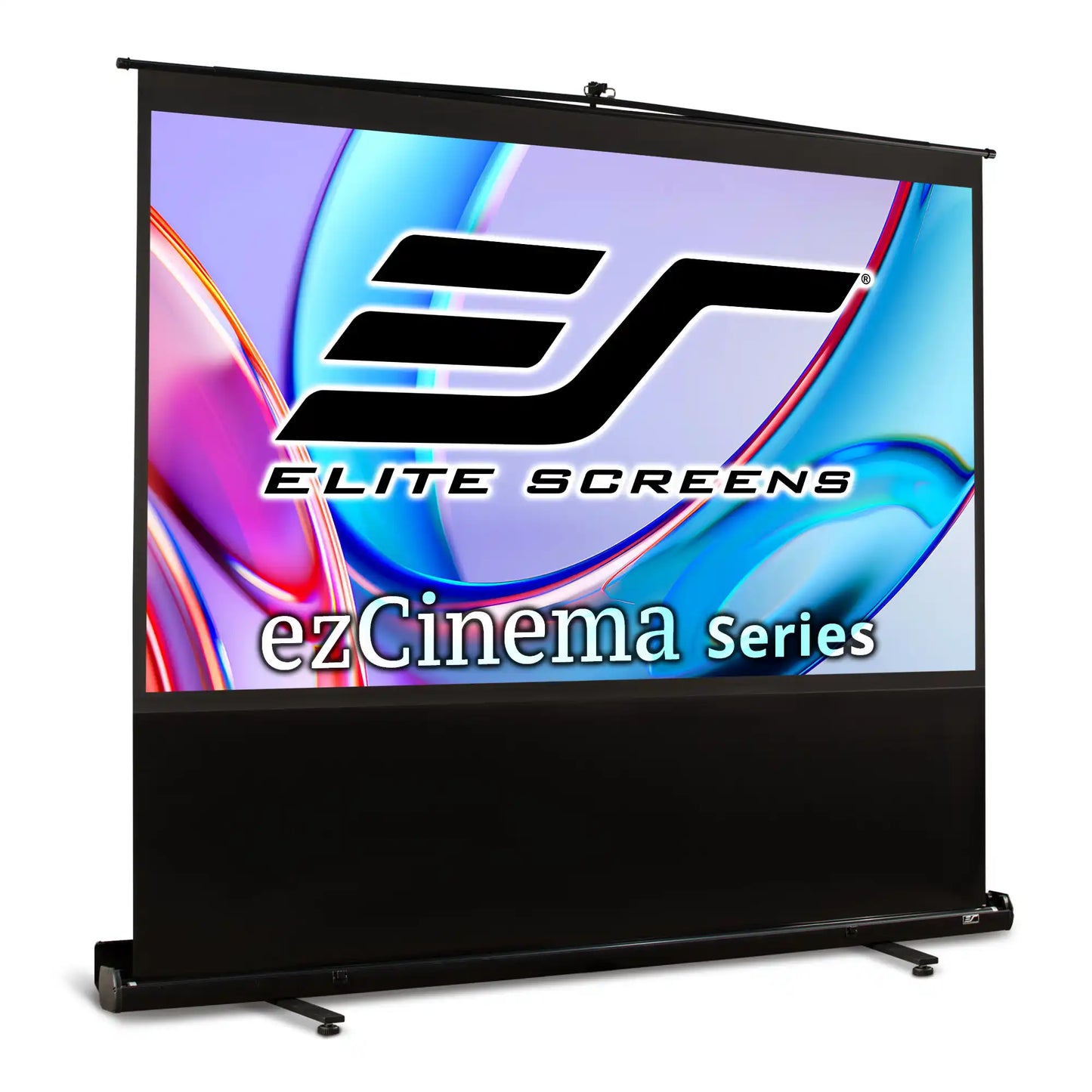 Elite Screens ezCinema Series retractable projection screen with a black frame and stand, displaying a colorful branded screen graphic on a white background.