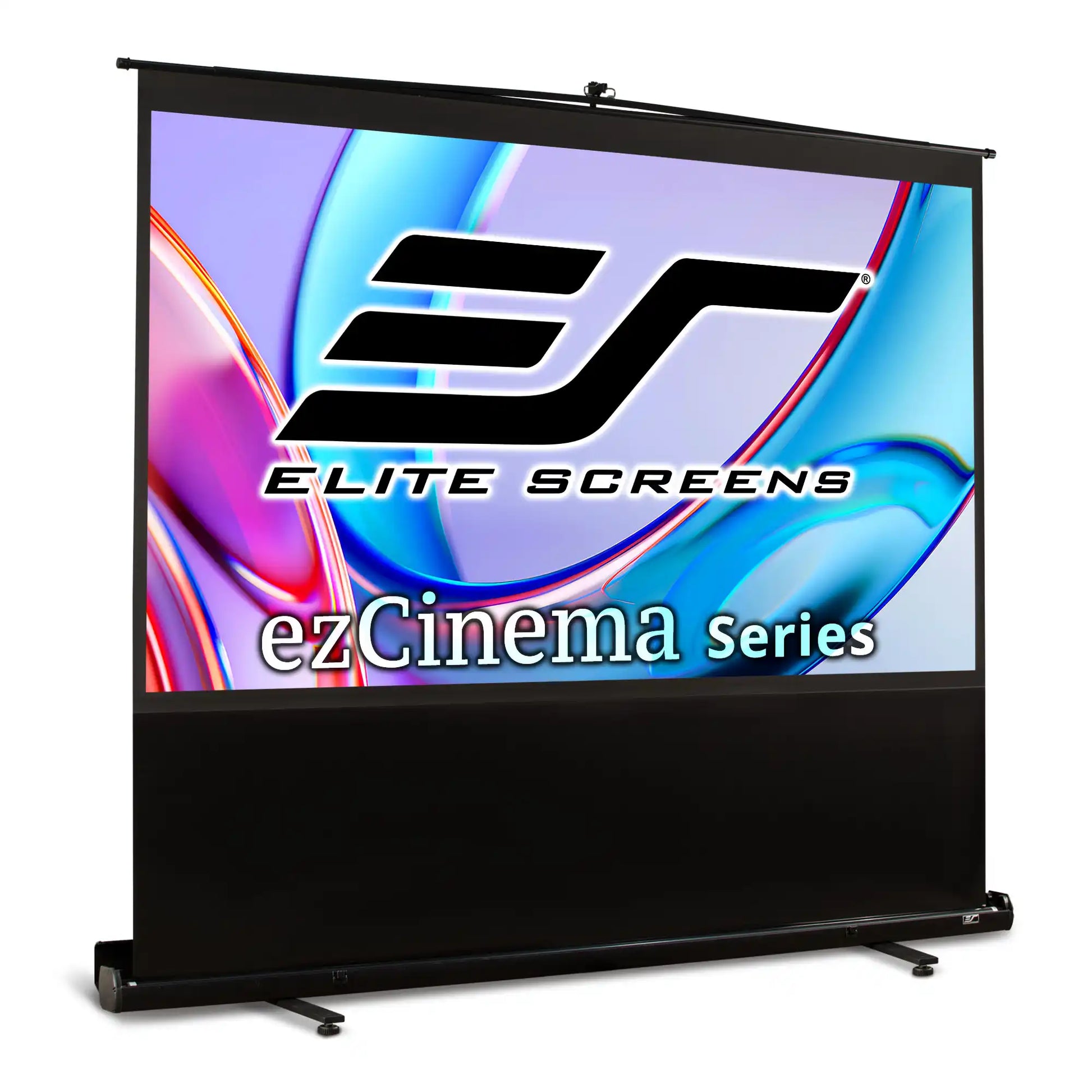 Elite Screens ezCinema Series retractable projection screen with a black frame and stand, displaying a colorful branded screen graphic on a white background.