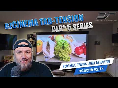 Video review focused on the Elite Screens ezCinema Tab-Tension CLR 5 portable projection screen in a living space