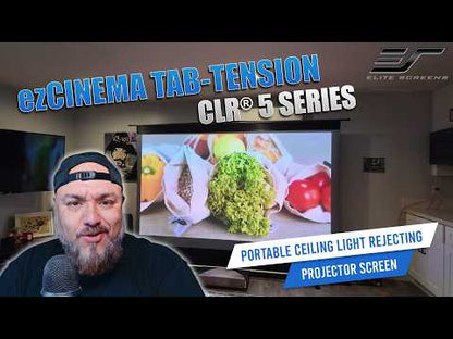 Video review focused on the Elite Screens ezCinema Tab-Tension CLR 5 portable projection screen in a living space