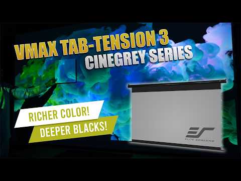 Blue and green colorful background display shown behind the Elite Screens Vmax Tab-Tension 3 projection screen