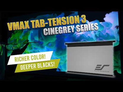 Blue and green colorful background display shown behind the Elite Screens Vmax Tab-Tension 3 projection screen