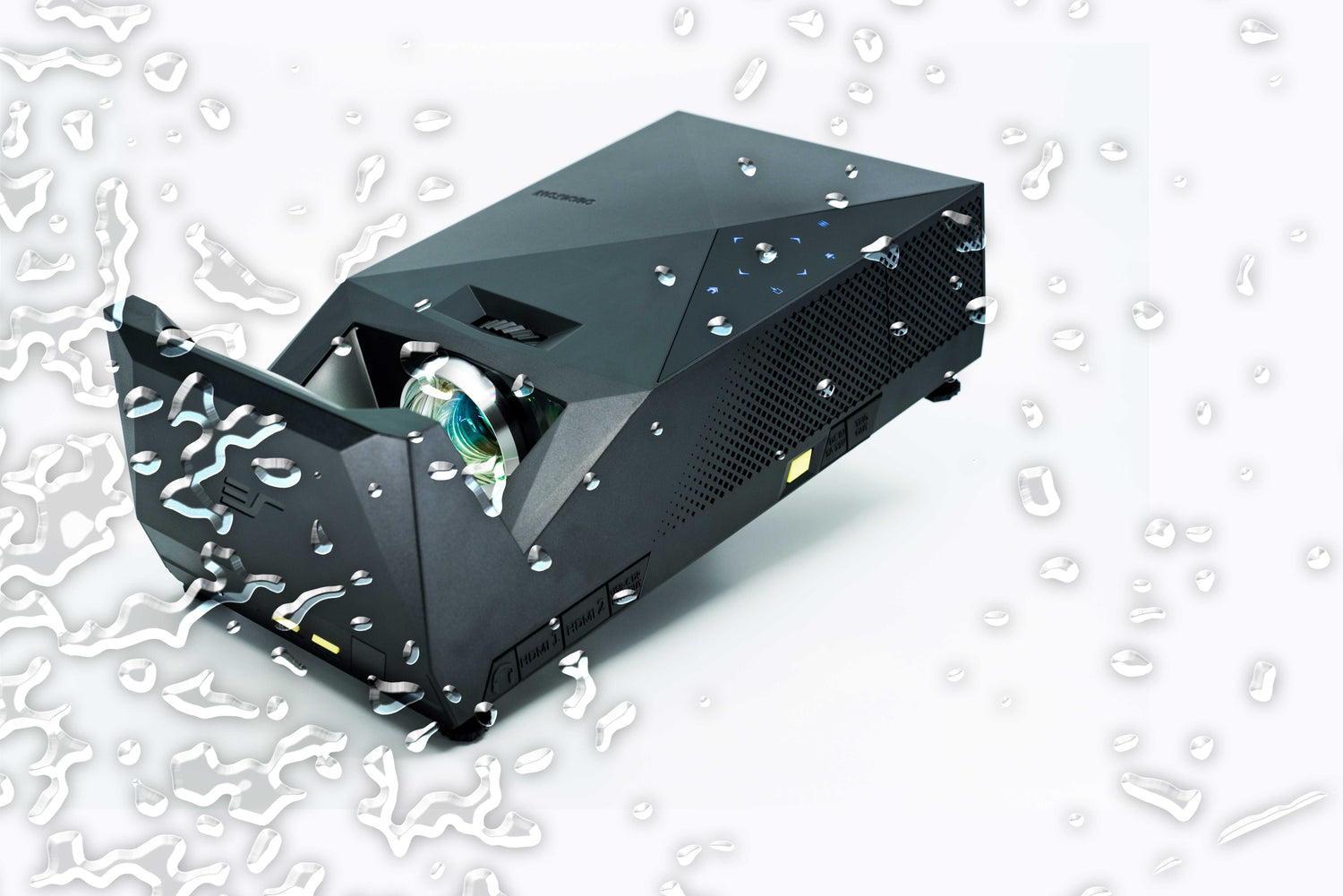 Ultra short throw projector on a white background with abstract patterns